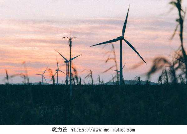 福州平潭海边日落的风车